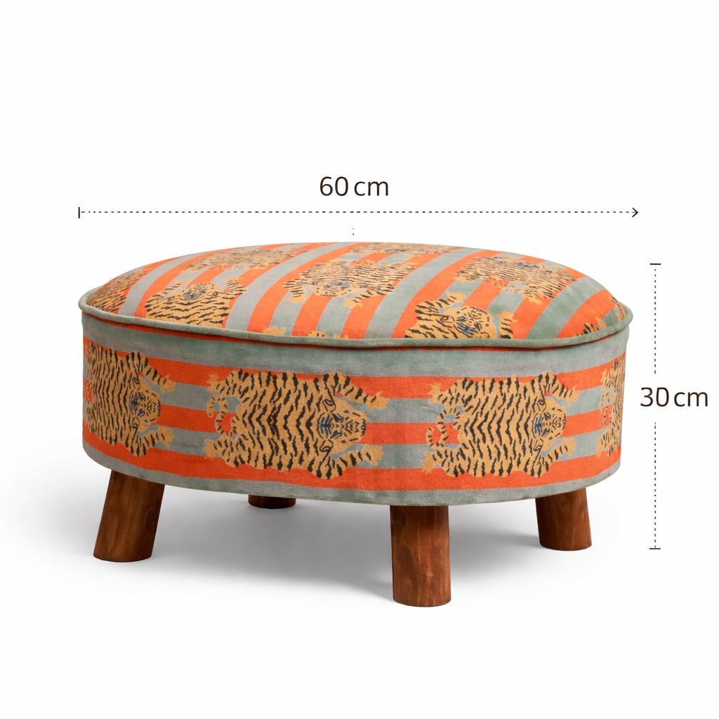 Puuvillainen pyöreä rahi puujaloilla - tiikerikuvio - 60 cm