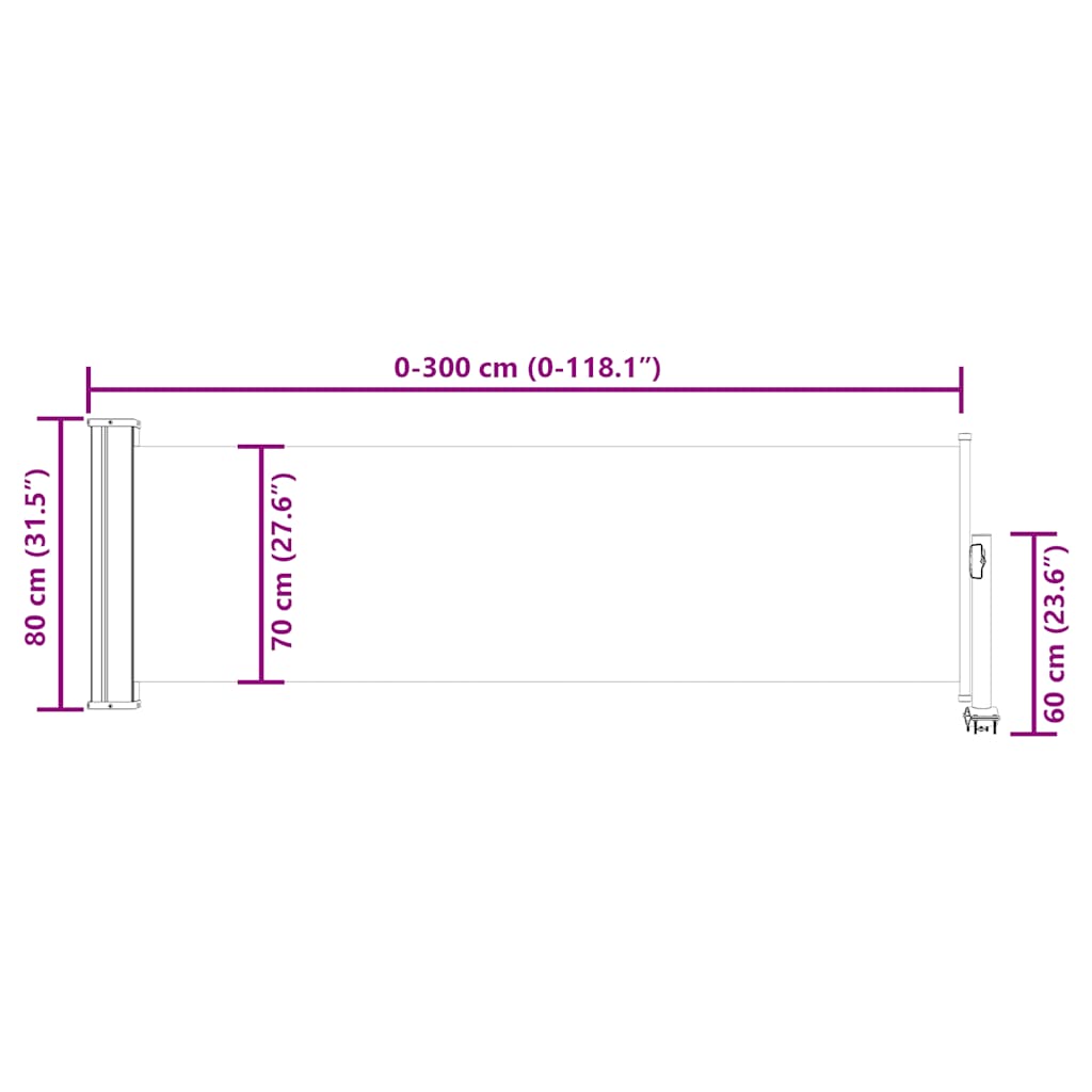 Sisäänvedettävä terassin sivumarkiisi 80x300 cm kerma