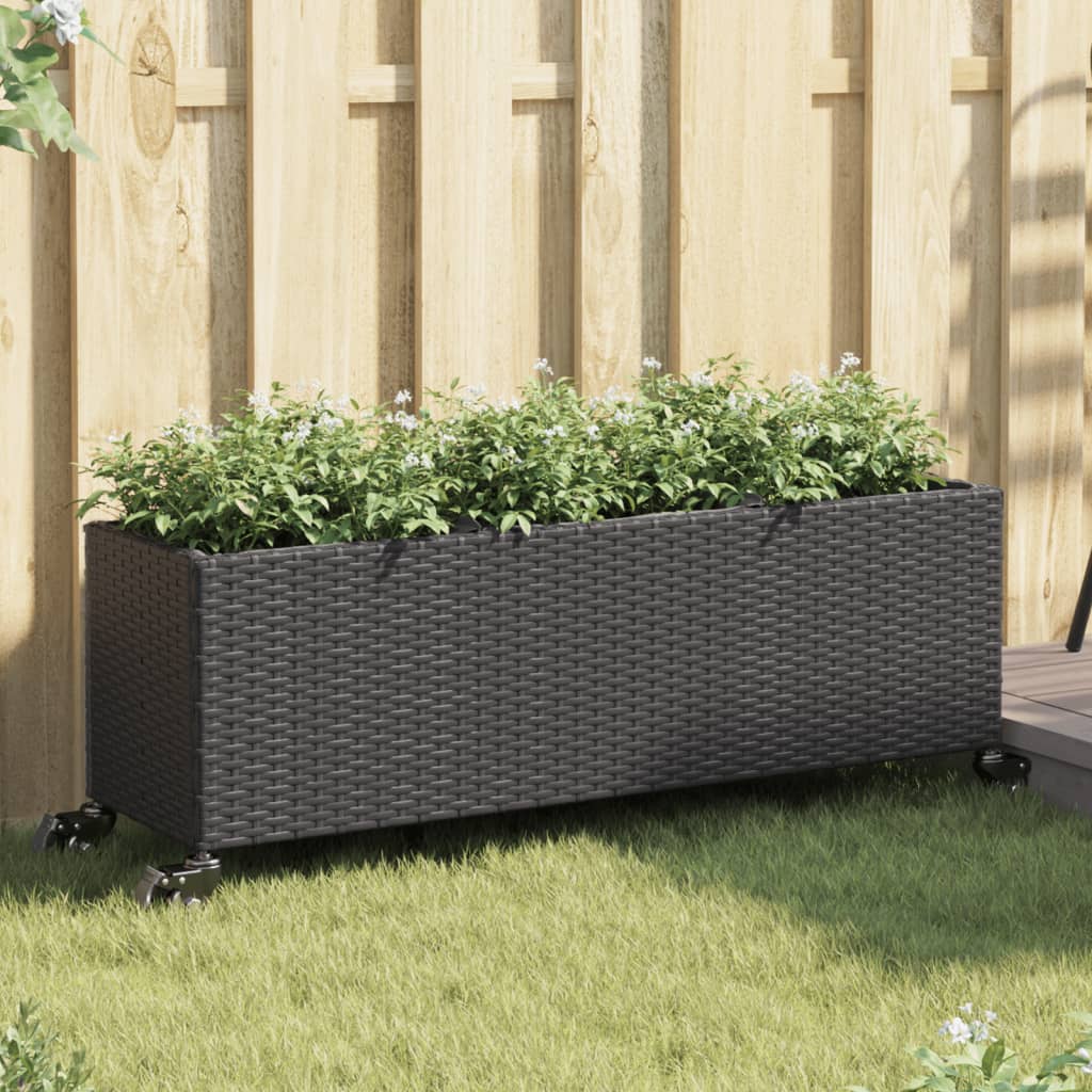 Kukkalaatikko renkaat/3 ruukkua musta 107x32x38 cm polyrottinki