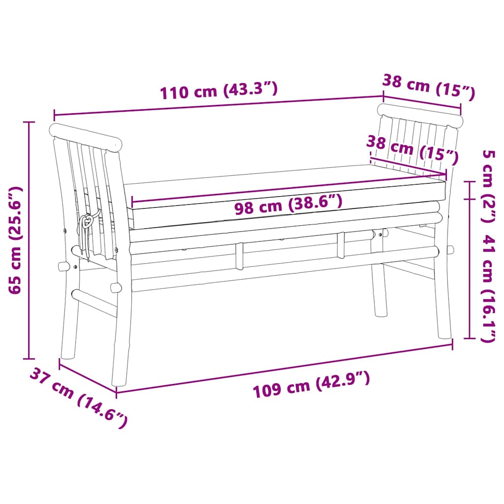Puutarhapenkki tyynyllä Ruskea 110 x 38 x 65 cm Bambu
