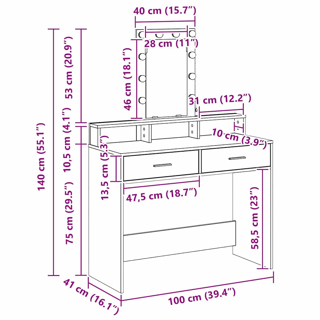 Meikkipöytä peilillä Valkoinen 100 x 41 x 140 cm Tekninen puu