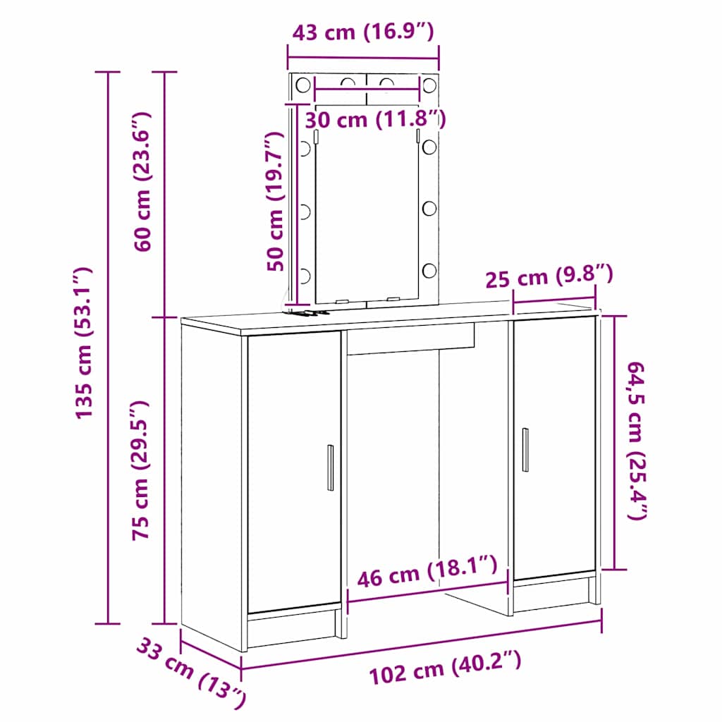 Meikkipöytä ovella Valkoinen 102 x 33 x 135 cm Tekninen puu