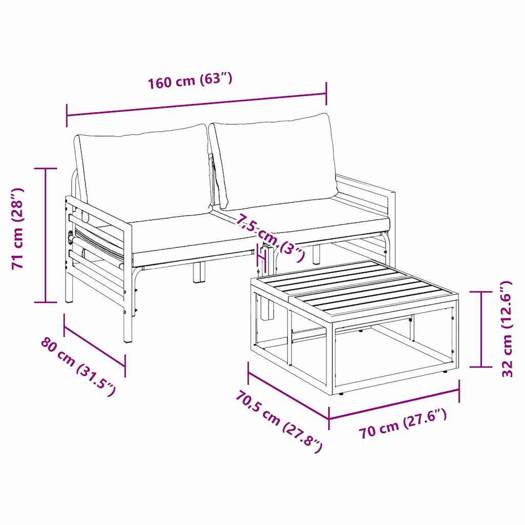 Puutarhasohva Setti tyynyllä 3 pcs Musta Teräs