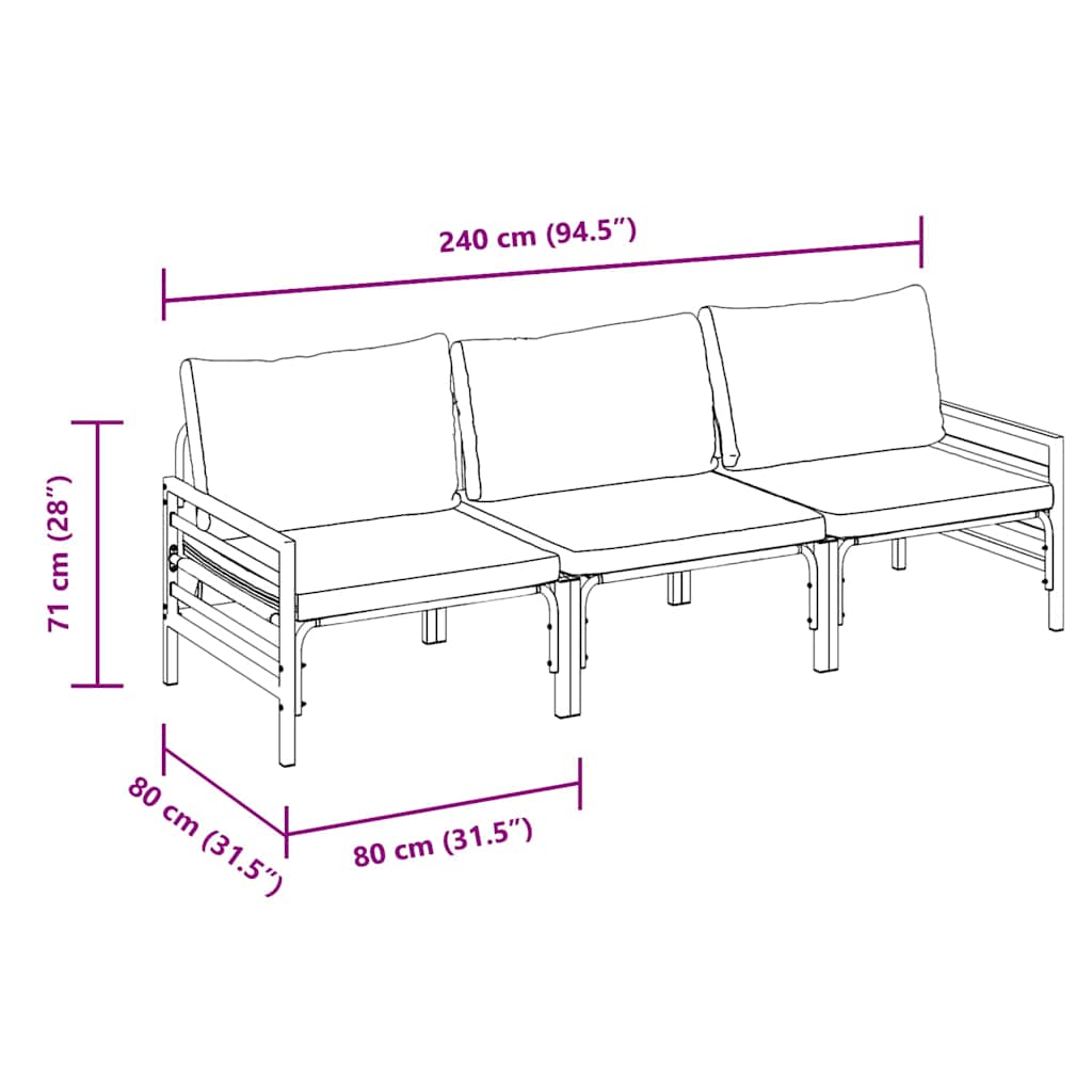 Puutarhasohva Setti tyynyllä 3 pcs Musta Teräs