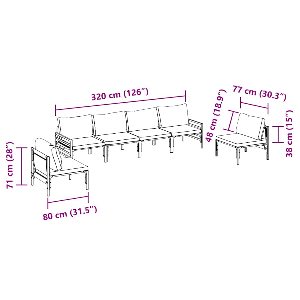 Puutarhasohva Setti tyynyllä 6 pcs Musta Teräs