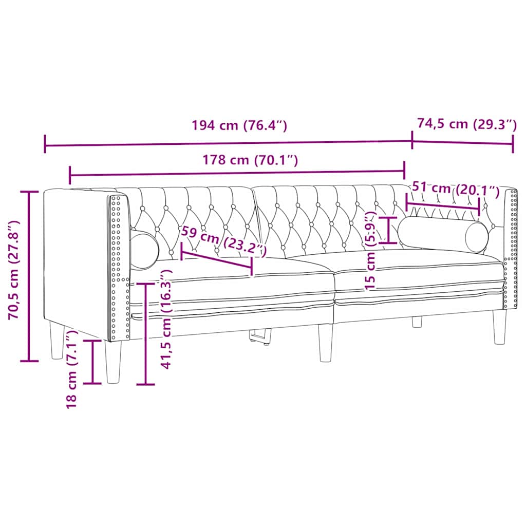 Chesterfield-sohva tyynyllä Musta 194 x 74.5 x 70.5 cm Sametti