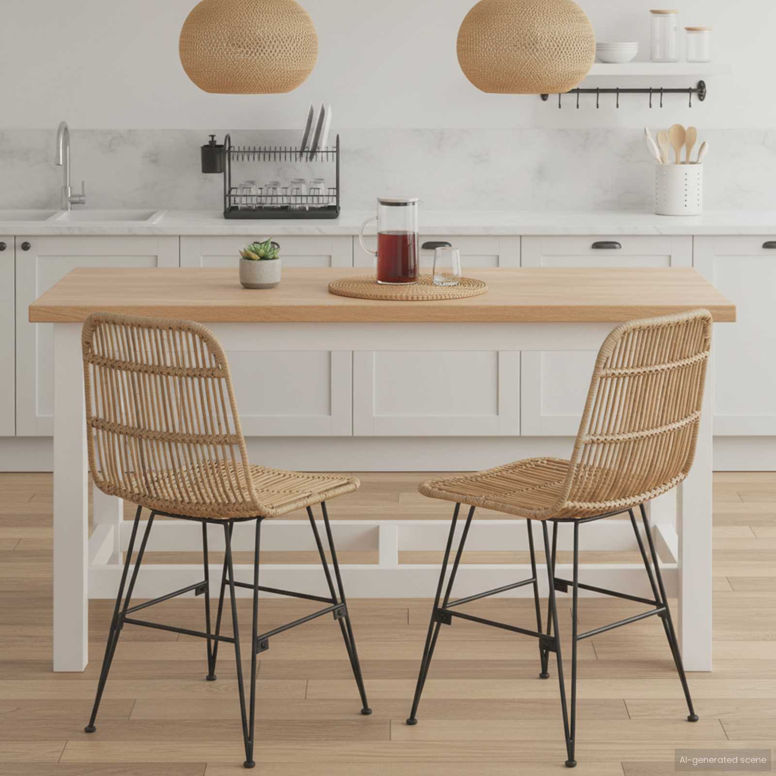 Ruokatuoli 2 kpl Rattan ja Teräs Luonnollinen 41 x 55 x 85 cm