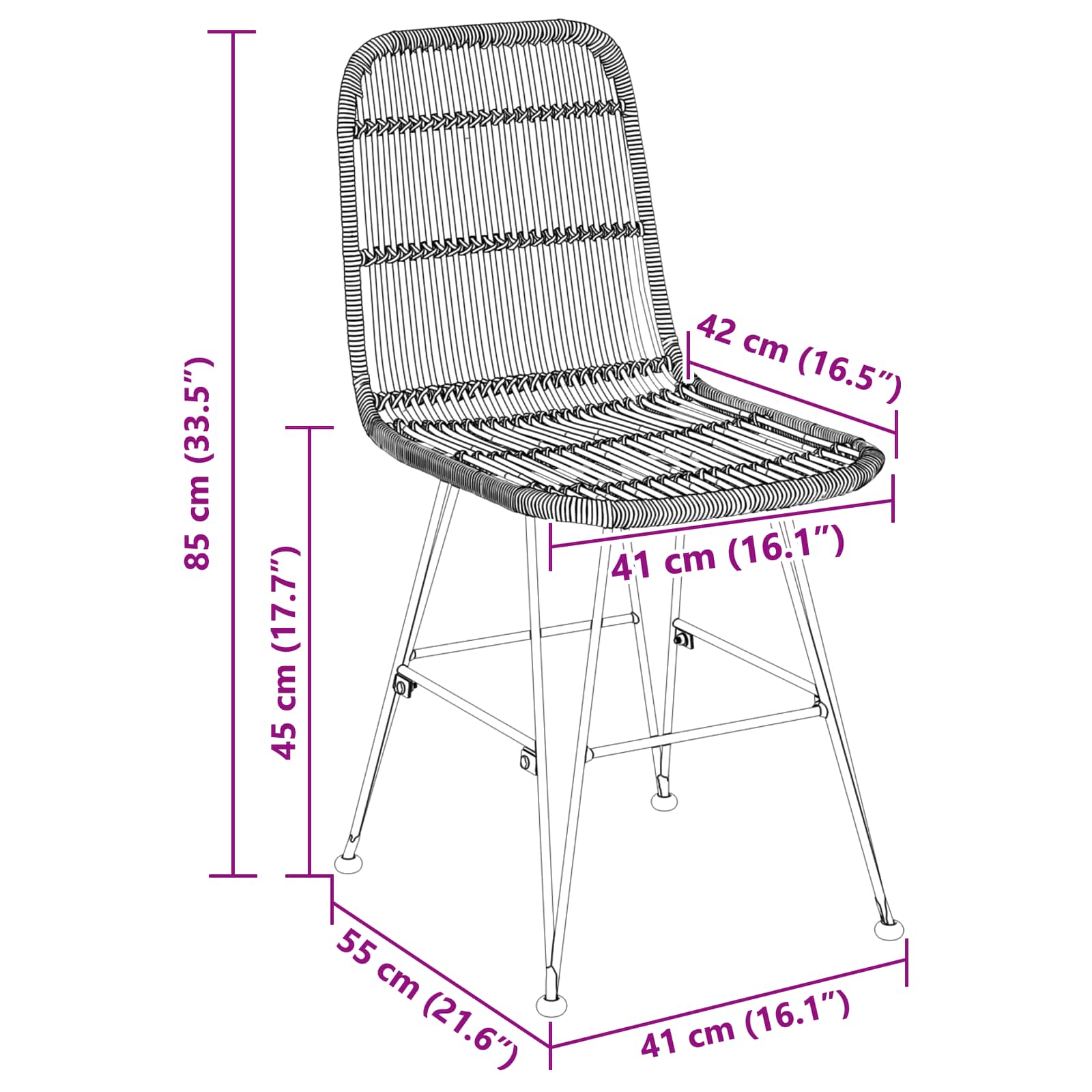 Ruokatuoli 2 kpl Rattan ja Teräs Luonnollinen 41 x 55 x 85 cm